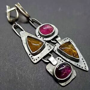 Vintage Boho Geometric Silver Gemstone Irregular Dangle Earrings